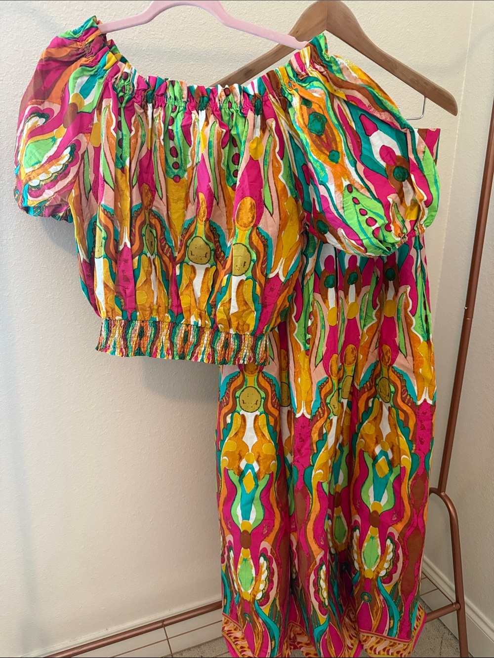 Colorful Puff-Sleeve Two-Piece Dress Set - Bright Multi
